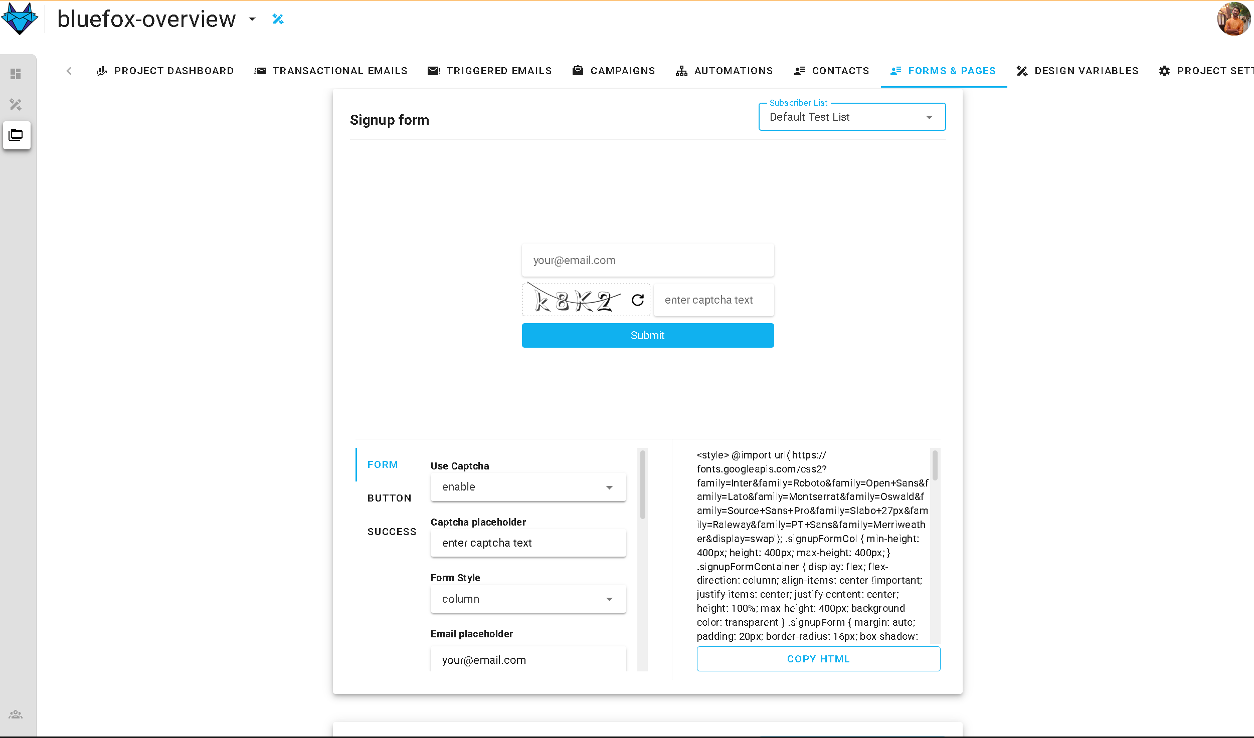 BlueFox Email sign-up form configuration